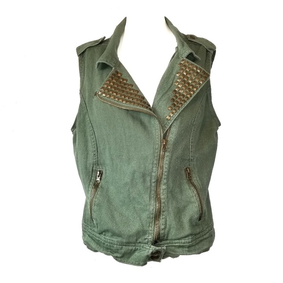 Dolled Up Jackets & Blazers - Dolled Up Olive Green Studded Denim Jean Vest XL